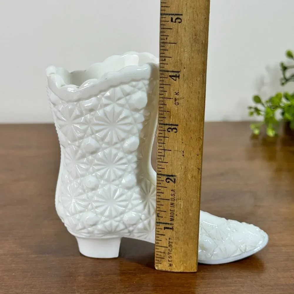 Fenton Vase White Milk Glass Boot Figurine Daisy and Button Pattern 4 